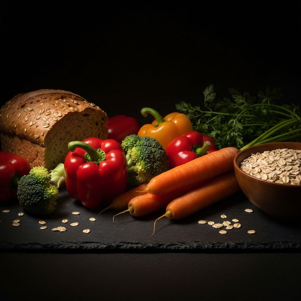 Complex carbohydrate foods arranged on dark stone surface
