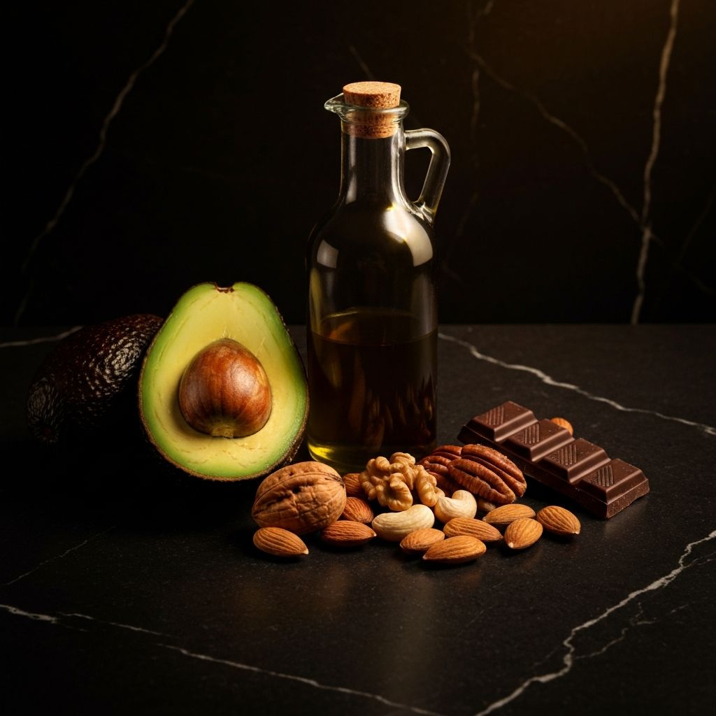 Healthy fat sources including avocado, olive oil and walnuts