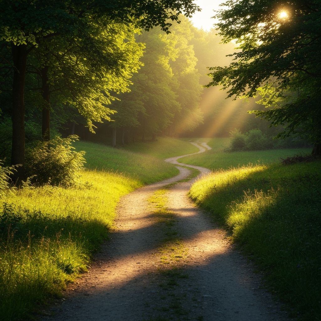 Winding path through a lush forest representing sustainable habits